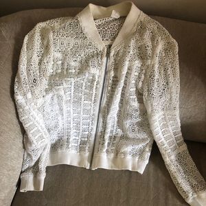Club Monaco White Crochet Bomber Jacket